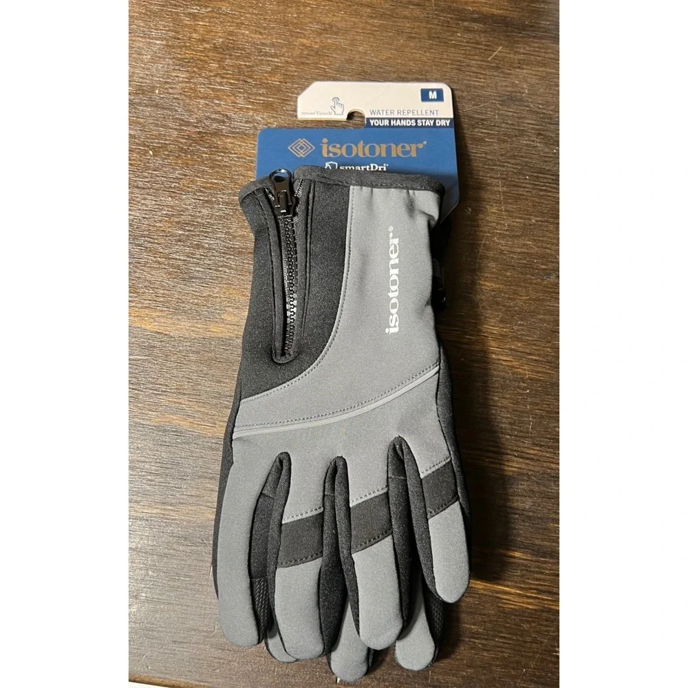 Isotoner Smart Dri Water‎ Repellent Gloves Zip Feature M Black Gray Womens